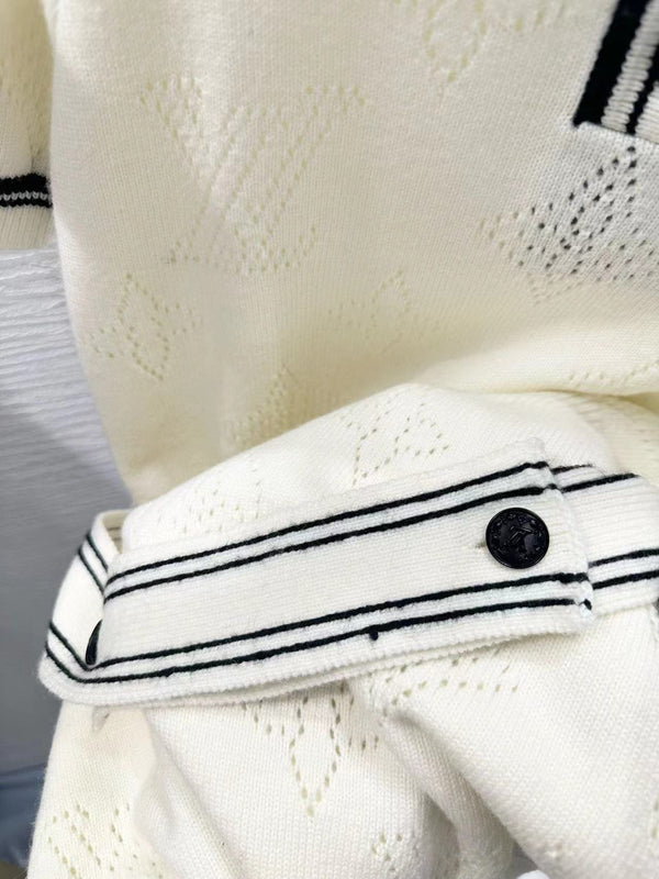 Stripe Accent Knit Polo Dress White Black Wool And Cashmere