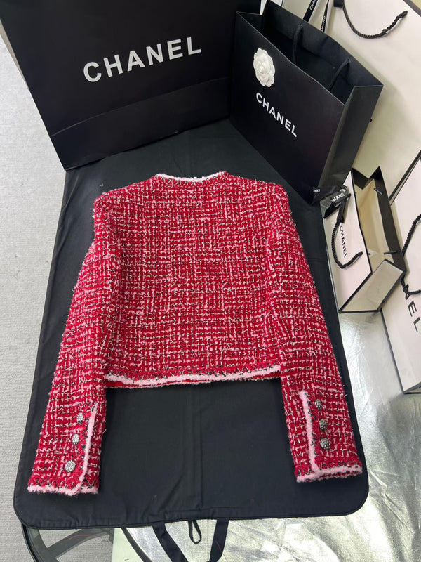 CC 25 Pink and Black Woven Trim Red Wool Jacket Skirt Pants Set