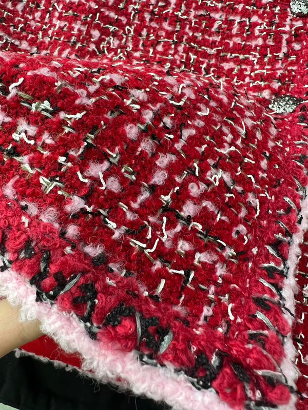 CC 25 Pink and Black Woven Trim Red Wool Jacket Skirt Pants Set