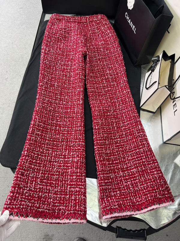 CC 25 Pink and Black Woven Trim Red Wool Jacket Skirt Pants Set