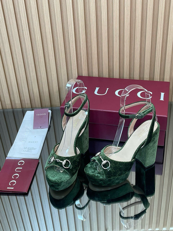 GG Horsebit Platform Sandals 15cm High Heel Green Velvet