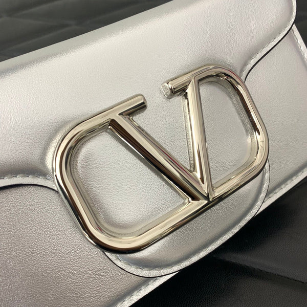 Valentino Garavani Small Locò Shoulder Bag Sliver Metallic Leather