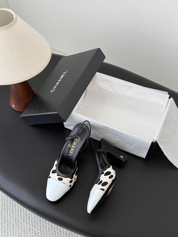 CC Slingback Pums Cream Black Spotted Calfskin 840022