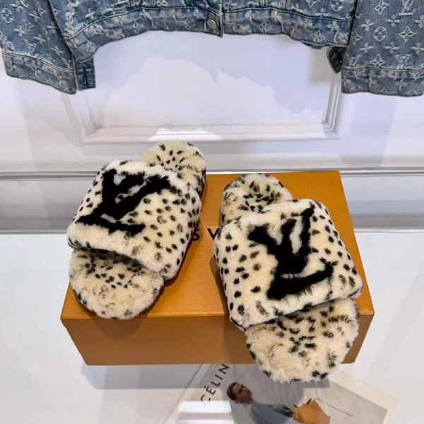 LV Color-Block Slides Leopard Print Shearling 146605