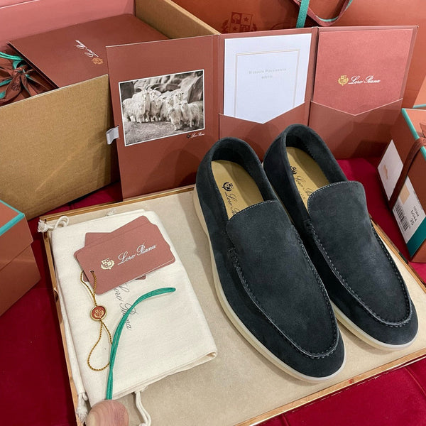 Loro Piana Suede Summer Walk Loafers Dark Grey
