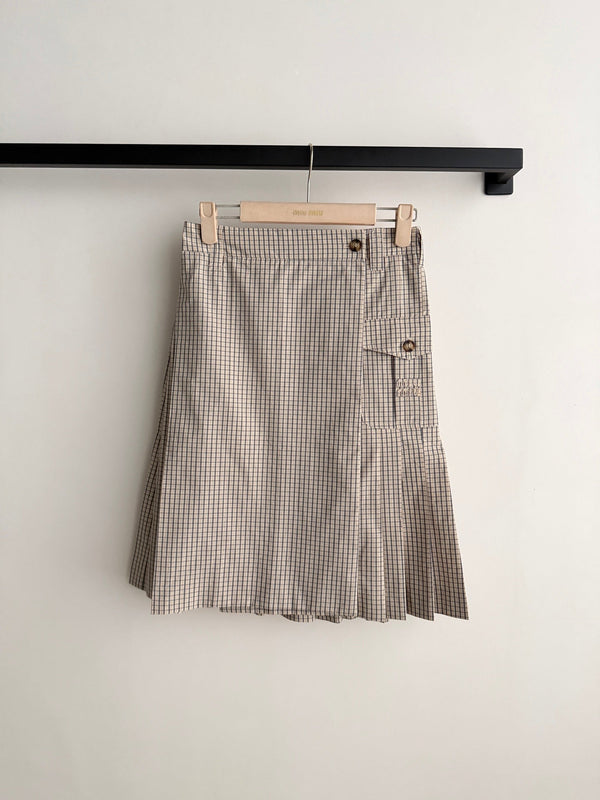 Miu Miu Beige-Brown Plaid Midi Skirt in Cotton YB