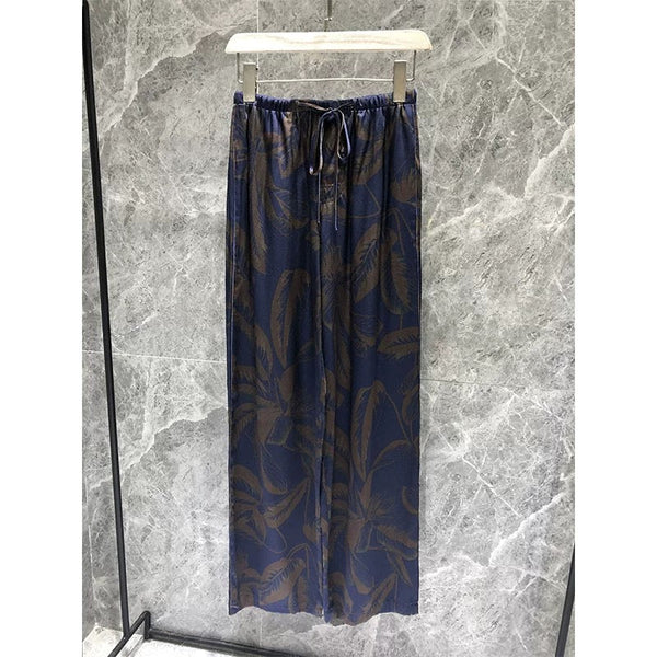 Loewe Straight-leg Pants Dark Navy Blue With Brown Print Pattern Silk