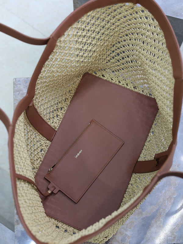 YSL TOTE BAG IN TAN RAFFIA BROWN COWHIDE LEATHER