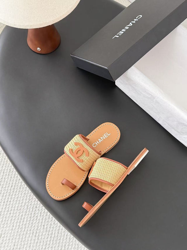 CC Toe Ring Thong Sandal In Beige Tan Brown Woven And Leather