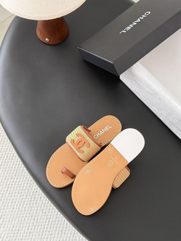 CC Toe Ring Thong Sandal In Beige Tan Brown Woven And Leather