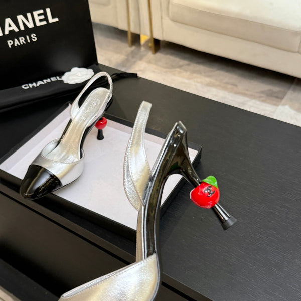 CC Métiers d'Art Apple Slingback Pumps 8.5cm Black Silver Metalic Leather