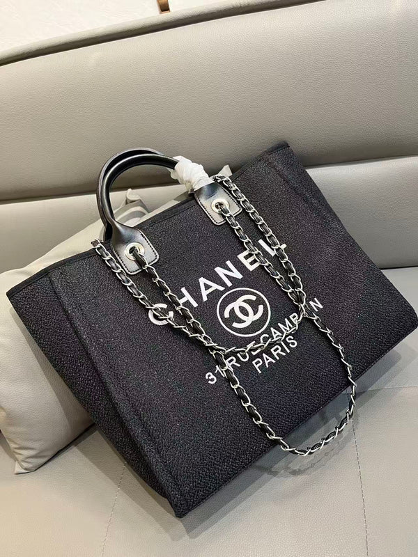 CC Deauville Tote Bag White Lettering Chain Strap 38cm Black Denim