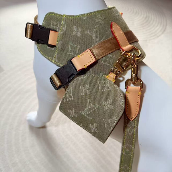 LV Dog Harness & Leash Set Green Fabric Cowhide Leather