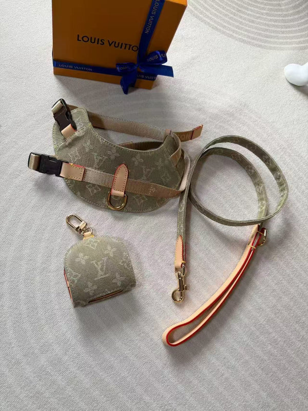 LV Dog Harness & Leash Set Green Fabric Cowhide Leather