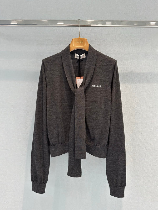 Miu Cardigan With Neck Scarf Anthracite Gray Wool