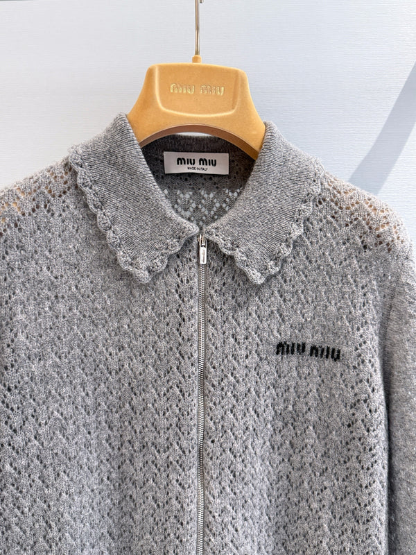 Miu Pointelle Zip Cardigan Grey Cashmere And Silk