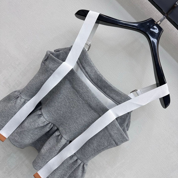 LV Contrast Strap Peplum Crop Top Grey Cotton