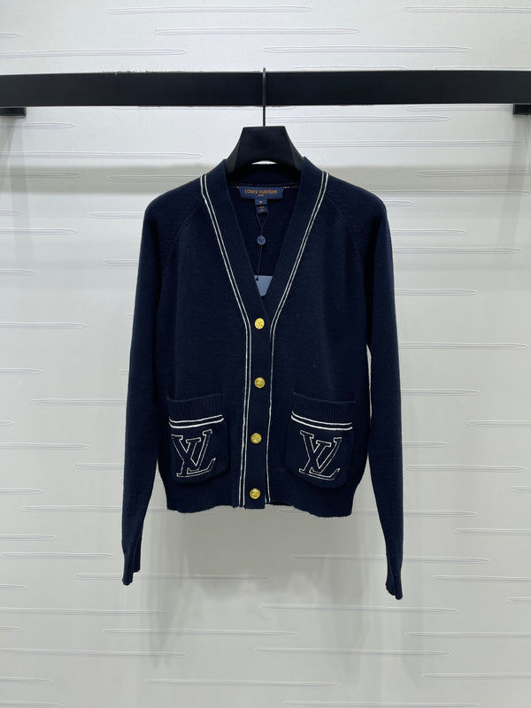 LV Contrast Accent Cardigan in Navy Blue Wool