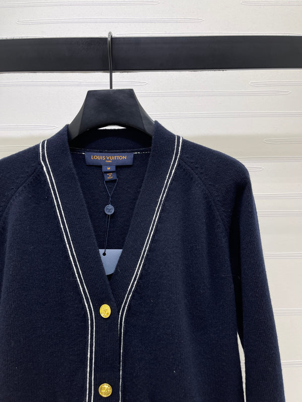LV Contrast Accent Cardigan in Navy Blue Wool