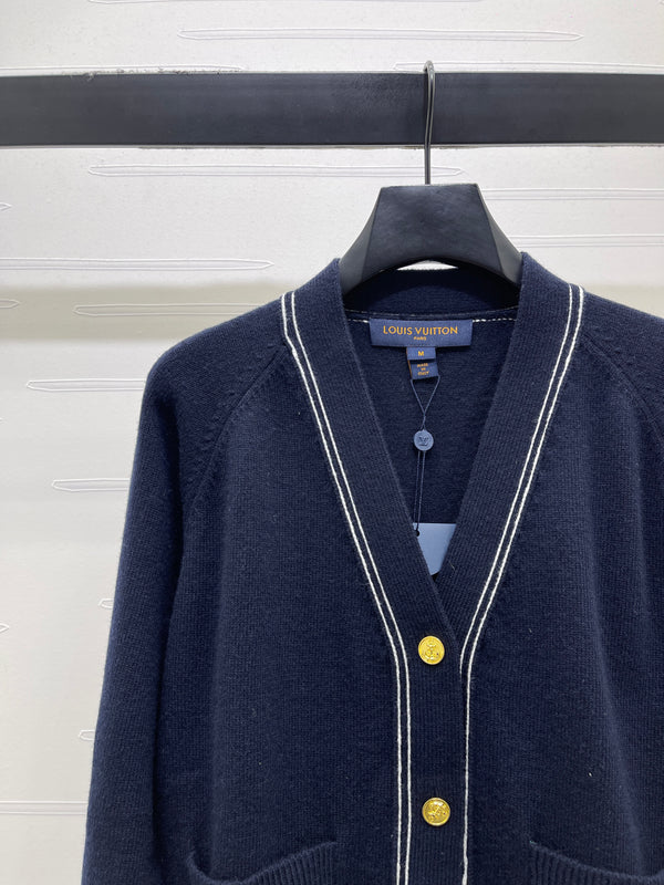 LV Contrast Accent Cardigan in Navy Blue Wool