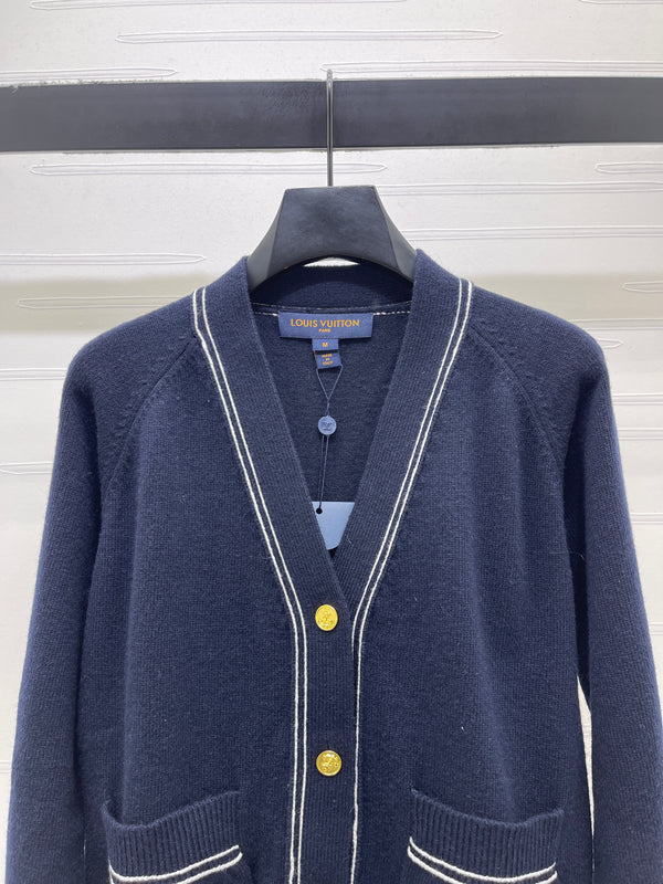 LV Contrast Accent Cardigan in Navy Blue Wool
