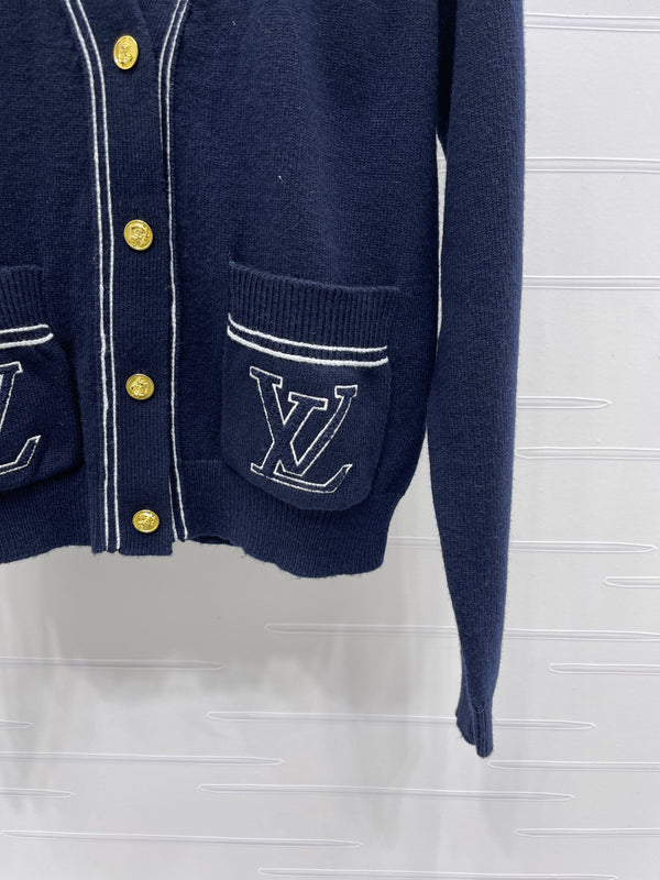 LV Contrast Accent Cardigan in Navy Blue Wool