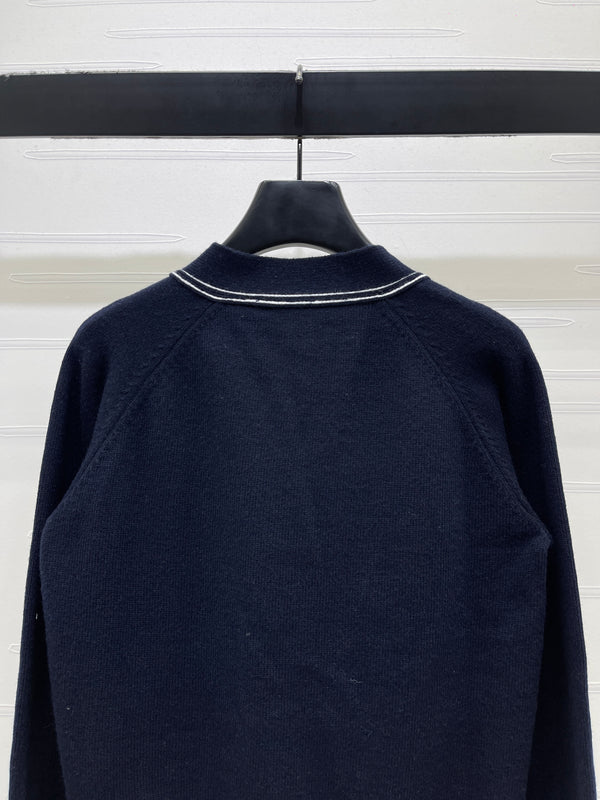 LV Contrast Accent Cardigan in Navy Blue Wool