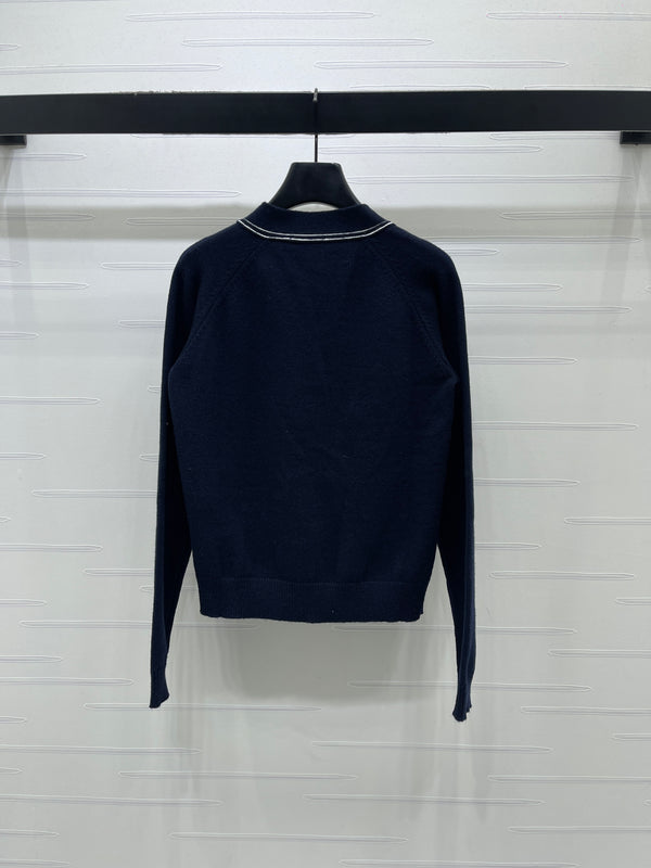 LV Contrast Accent Cardigan in Navy Blue Wool