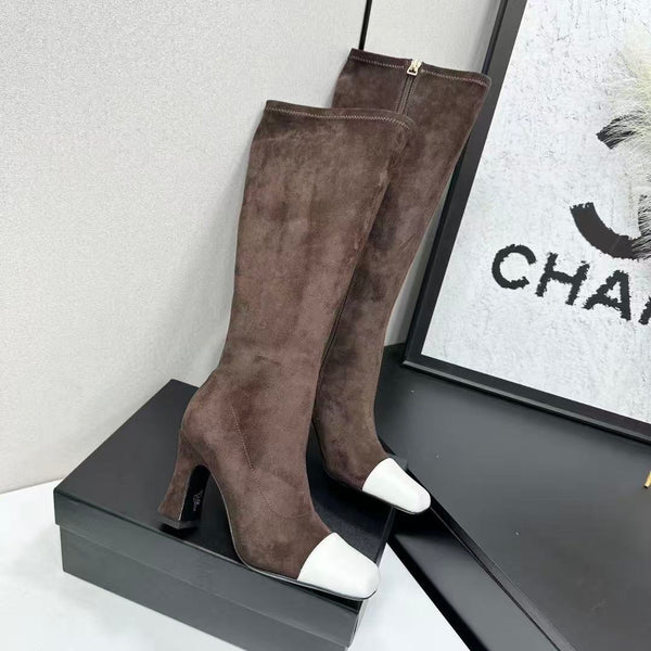 CC Bicolor Cap-Toe High Boots 8.5cm Dark Brown Stretch Suede