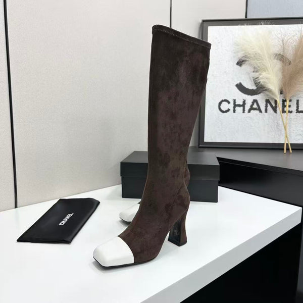 CC Bicolor Cap-Toe High Boots 8.5cm Dark Brown Stretch Suede