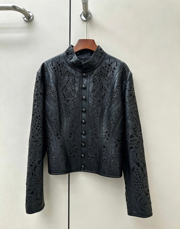 HM 26S Laser-Cut Lace Pattern Jacket Mock Collar Round Buttons Leather 435206