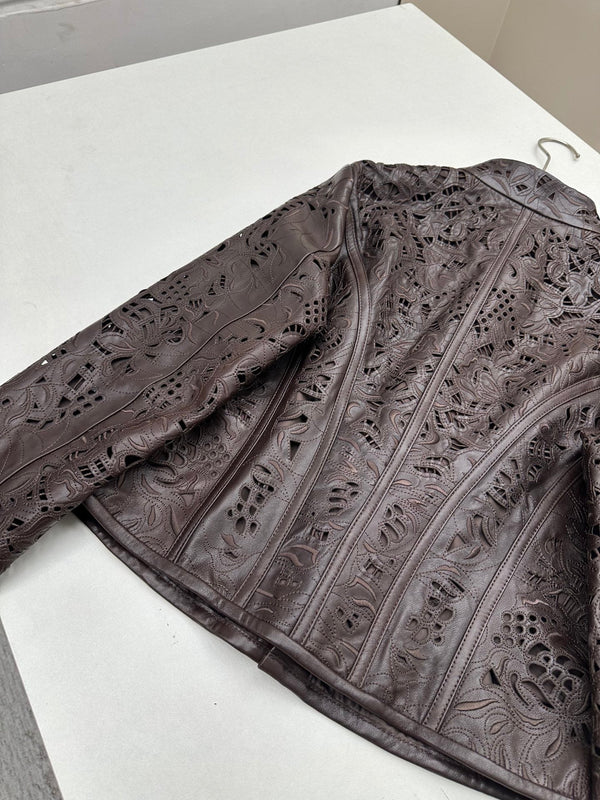 HM 26S Laser-Cut Lace Pattern Jacket Mock Collar Round Buttons Leather 435206