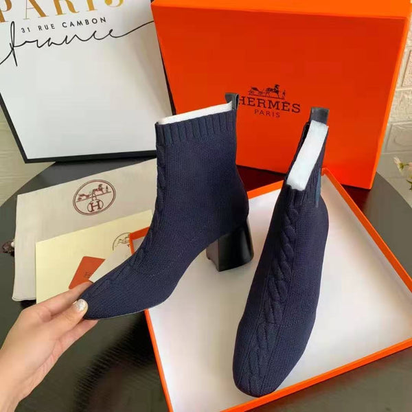 HM Volver Ankle Boots Navy Blue Knit Fabric