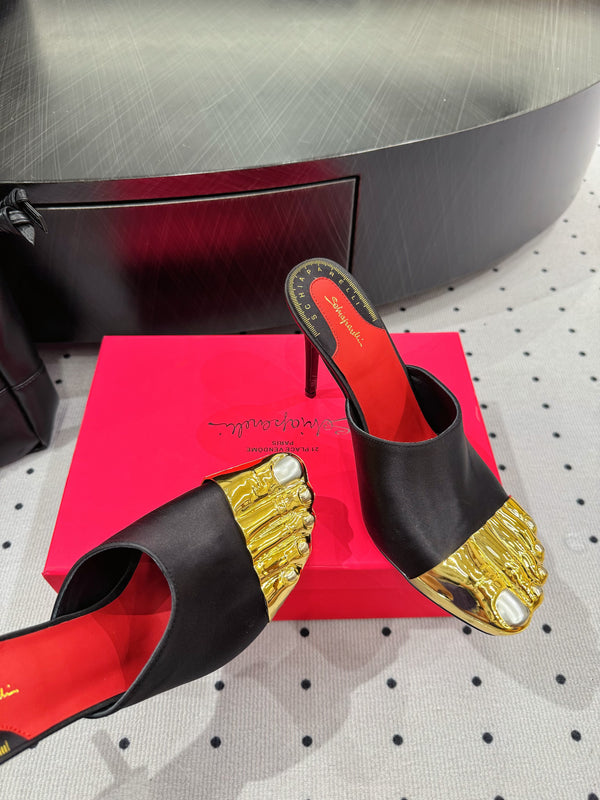 MS Trompe L'oeil Toe Mules Black Gold Leather Blend With Silk