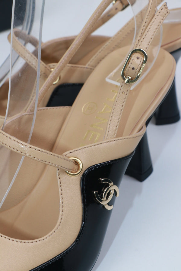 CC 26 Two-Tone Slingbacks 7cm Black Beige Glossy Leather and Matte Cowhide