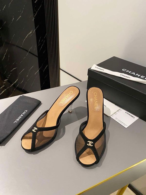 CC Peep-Toe Mules Logo Black Mesh Lambskin