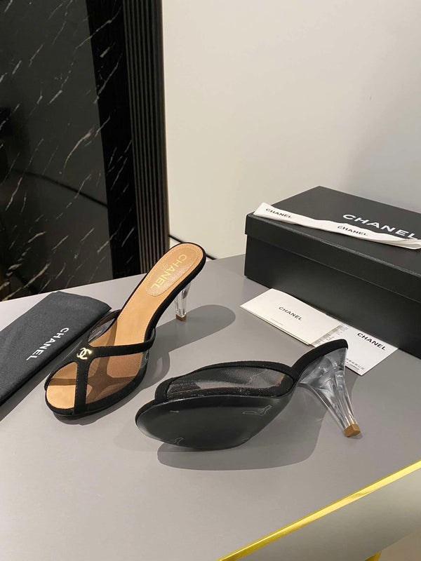 CC Peep-Toe Mules Logo Black Mesh Lambskin