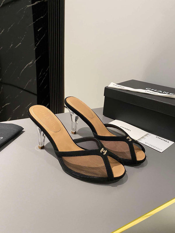 CC Peep-Toe Mules Logo Black Mesh Lambskin