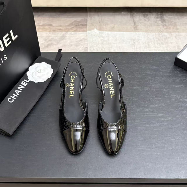 CC 26FW Cap-Toe Slingback Pumps Crocodile-Embossed Patent Calfskin