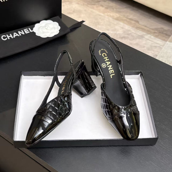 CC 26FW Cap-Toe Slingback Pumps Crocodile-Embossed Patent Calfskin