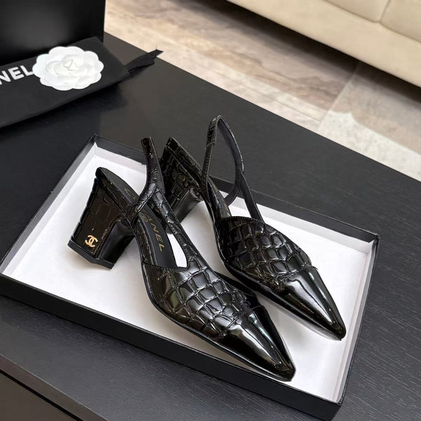 CC 26FW Cap-Toe Slingback Pumps Crocodile-Embossed Patent Calfskin