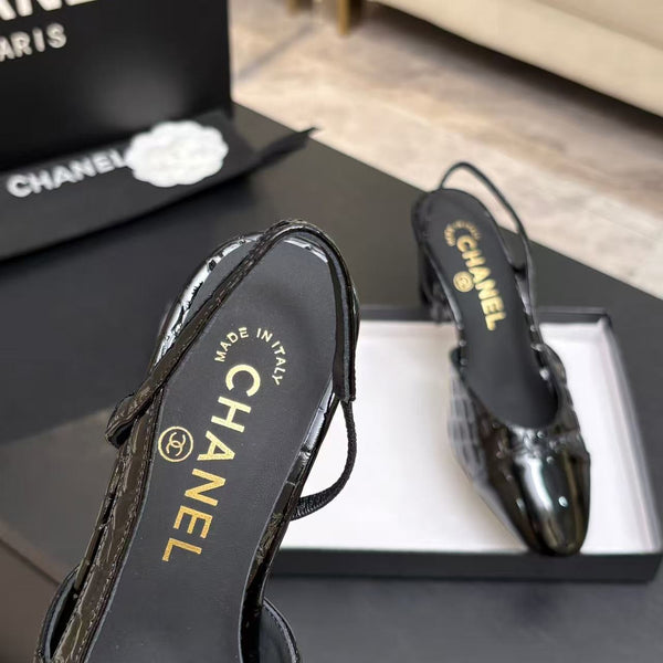 CC 26FW Cap-Toe Slingback Pumps Crocodile-Embossed Patent Calfskin