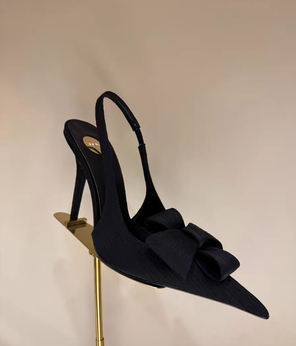 YSL Slingback Pumps 10.5 cm Bow-Detail Black Satin Silk