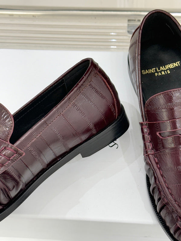 YSL Monogram Eel Penny Loafers Deep Bordeaux Leather