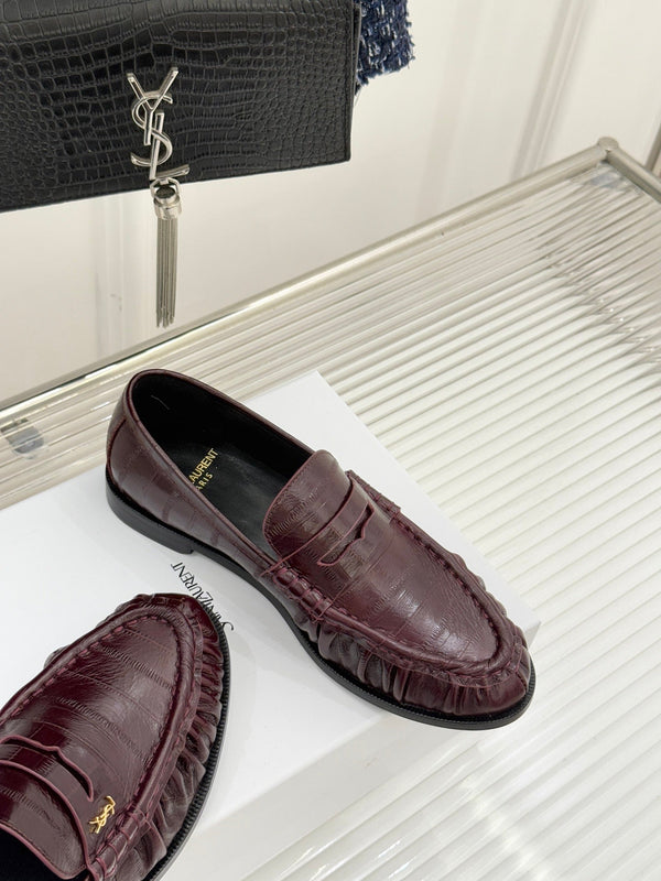 YSL Monogram Eel Penny Loafers Deep Bordeaux Leather