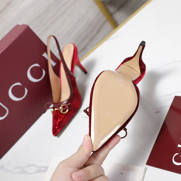 GG 26s Slingback Pumps 10cm Gold Hardware With Bow Velvet