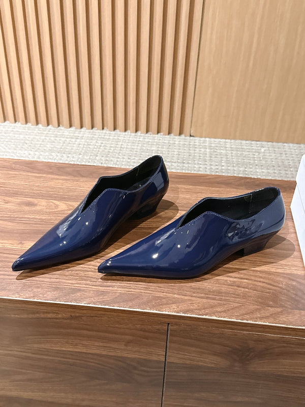 YSL 26FW V-Cut Pointed-Toe Loafers Low Block Heel Patent Leather 204234