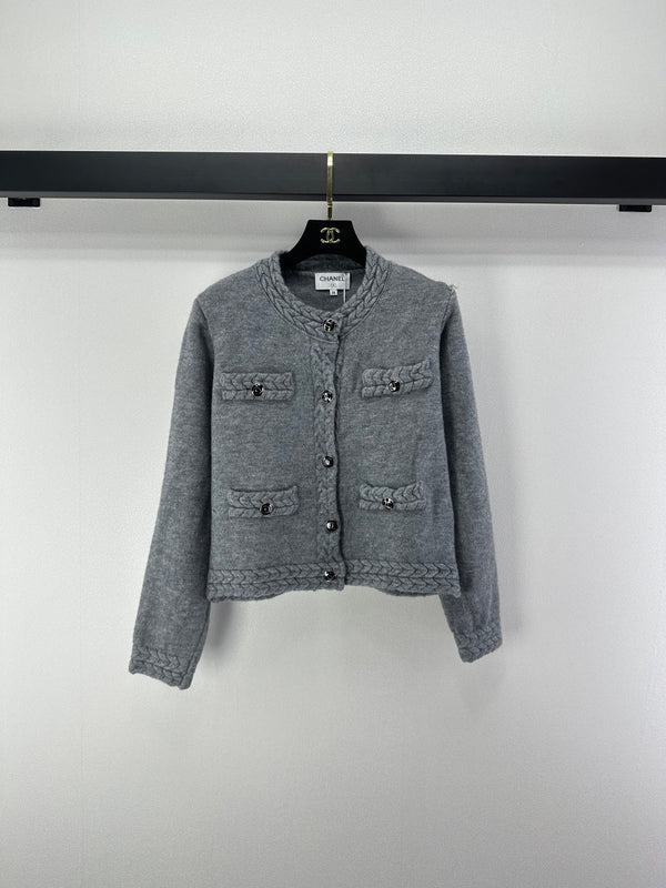Chanel 2025 Cardigan Grey and Olive Brown Wool 329282
