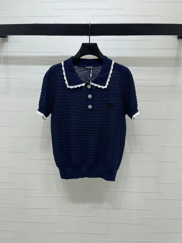 CC 2026 Lace-trimmed Polo Collar Knit Short-sleeved Top Cotton 390780