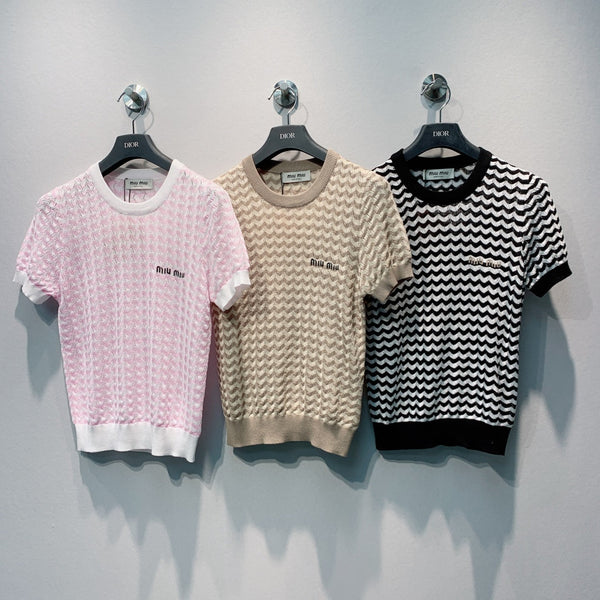 Miu 2026 Hollow-out Knit Short-sleeved Top Tencel Cotton 395656